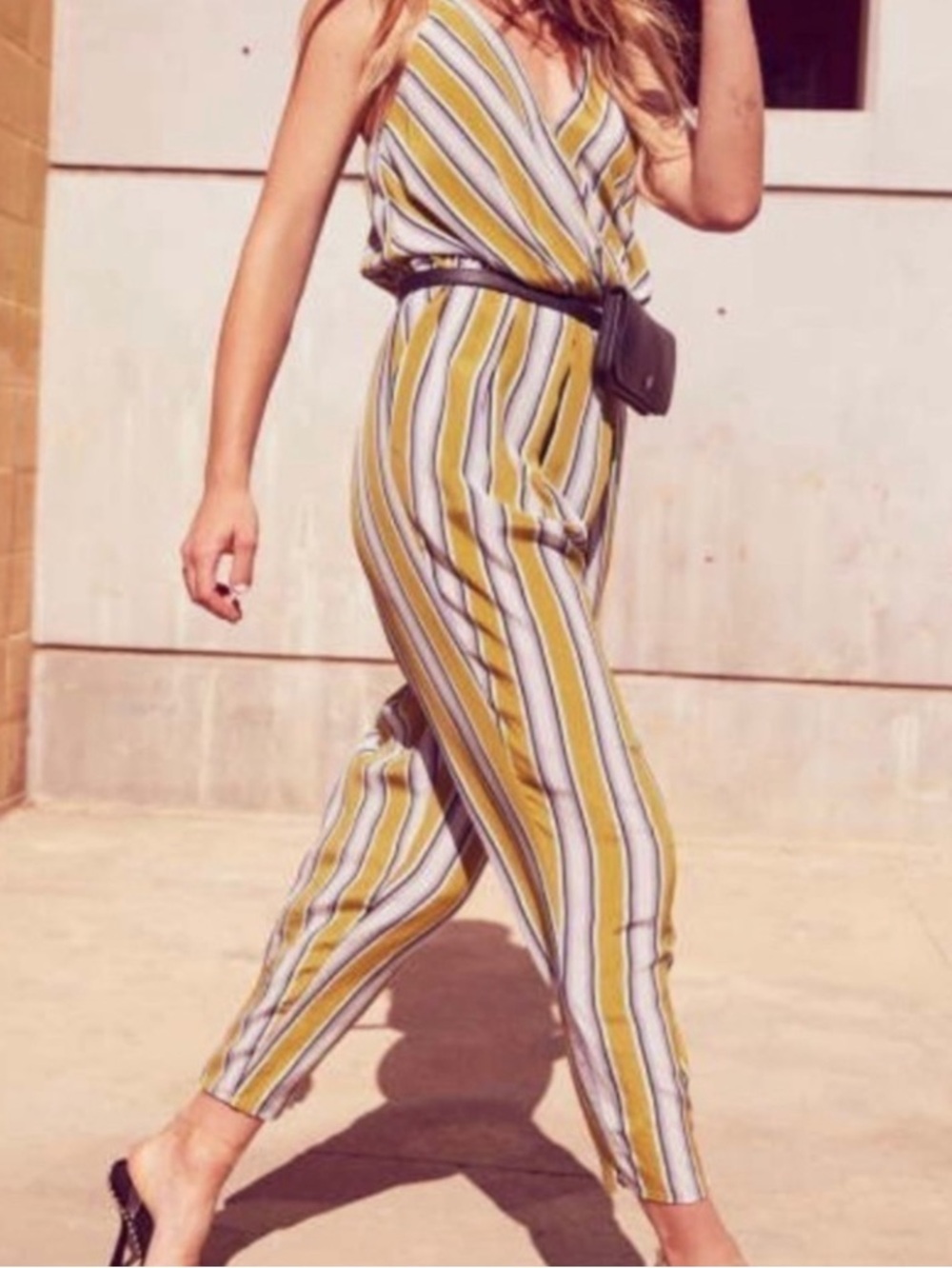 ASTR The Label Trendy faux-wrap V-neck racerback bold retro stripes JUMPSUIT